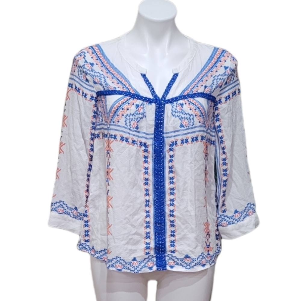 Pixley Boutique Aztec Embroidered Lace Detail Stitch White Blue Blouse Sz XS
